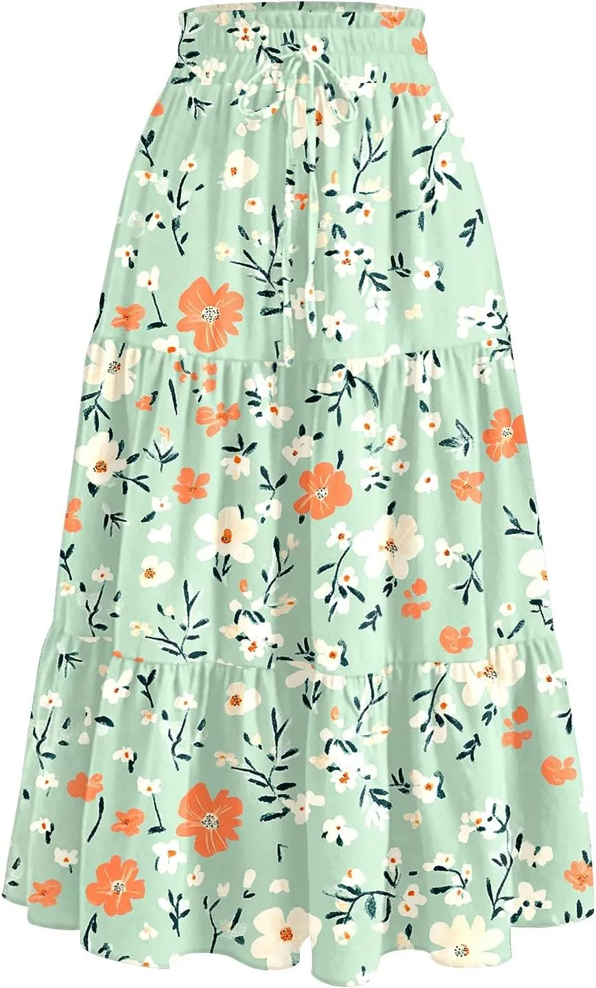Summer Skirts Women's Flared Ruffle Hem A Line Elastic Waist Skirts Elegant Tiered Layer Boho Maxi Skirt