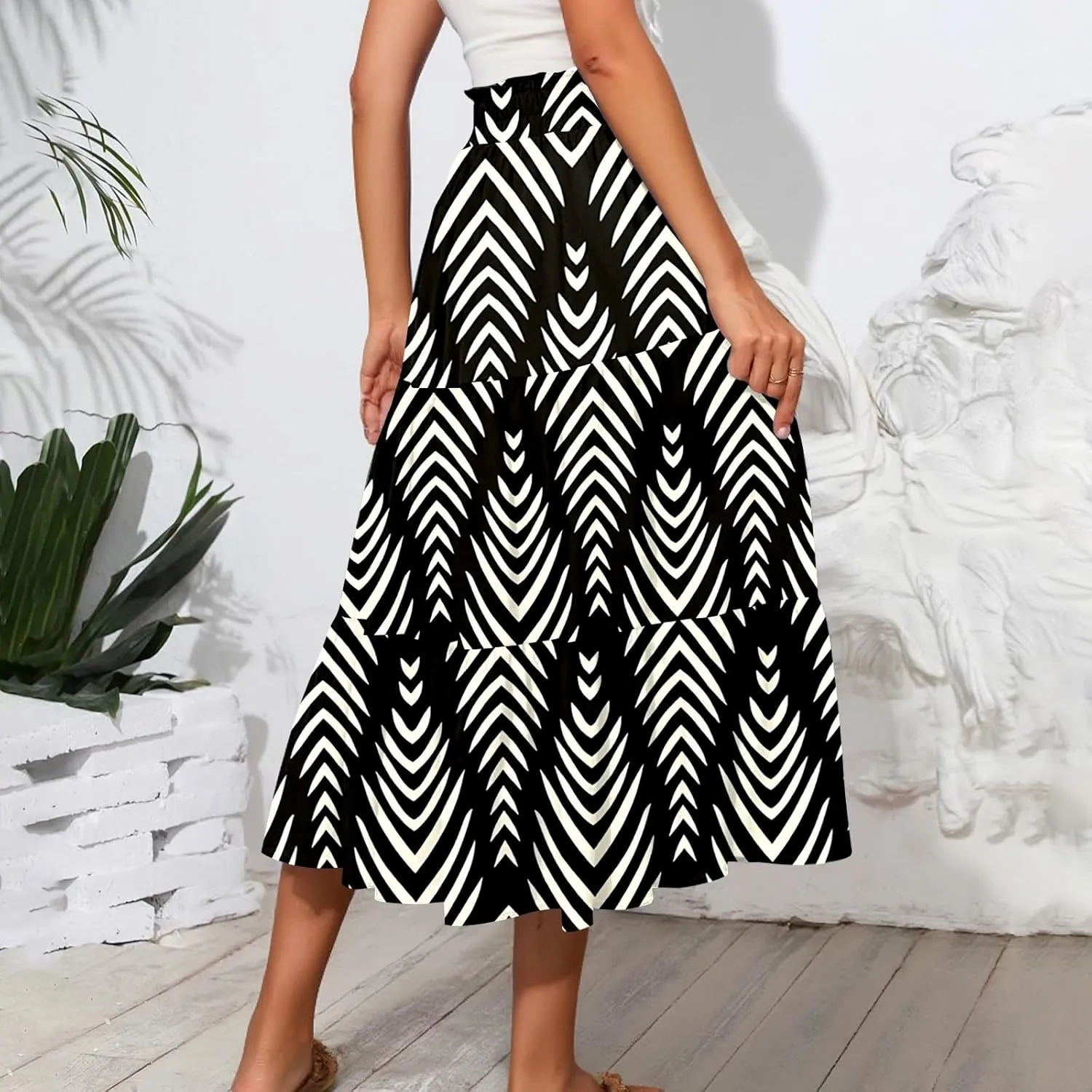 Summer Skirts Women's Flared Ruffle Hem A Line Elastic Waist Skirts Elegant Tiered Layer Boho Maxi Skirt