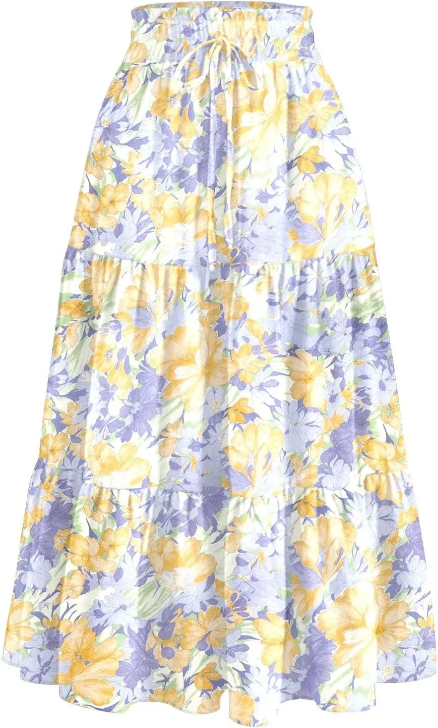 Summer Skirts Women's Flared Ruffle Hem A Line Elastic Waist Skirts Elegant Tiered Layer Boho Maxi Skirt