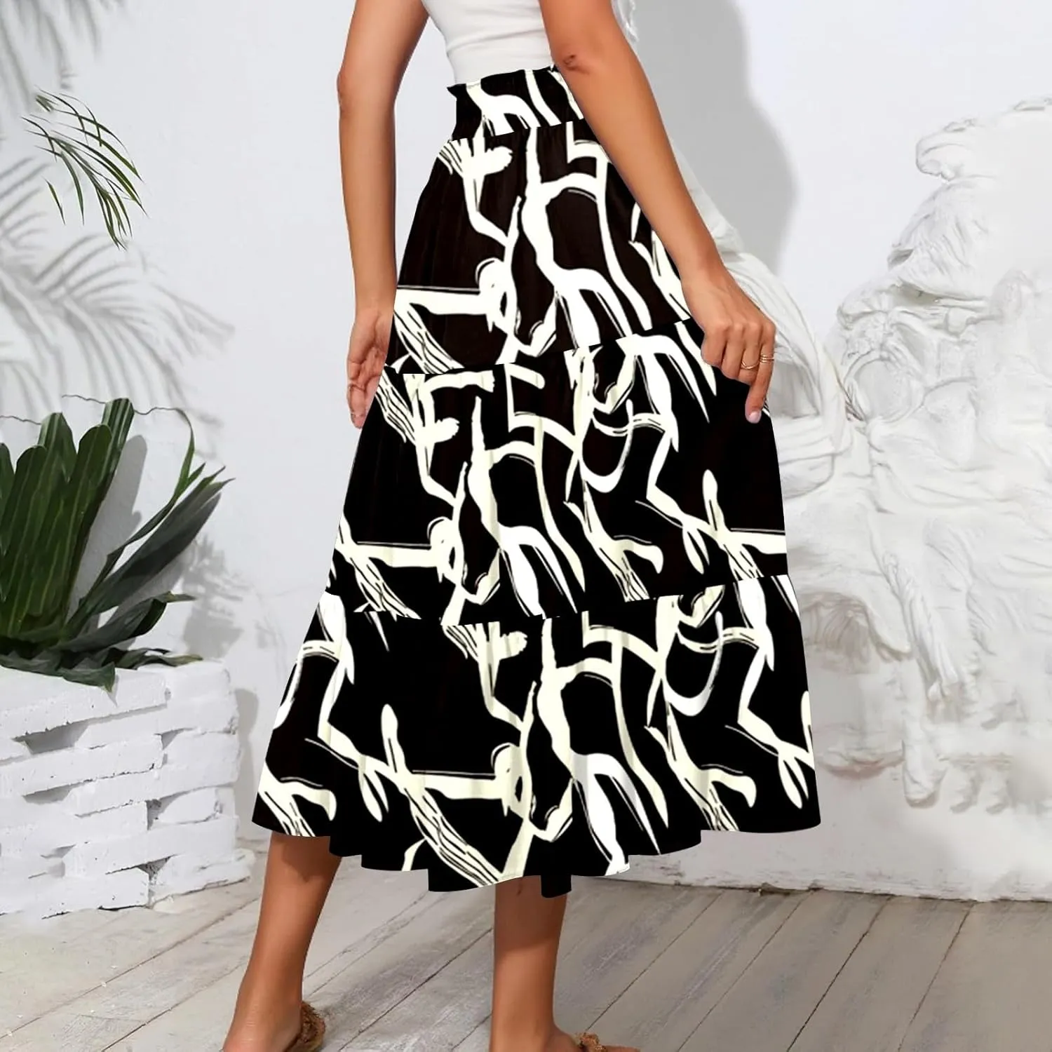 Summer Skirts Women's Flared Ruffle Hem A Line Elastic Waist Skirts Elegant Tiered Layer Boho Maxi Skirt