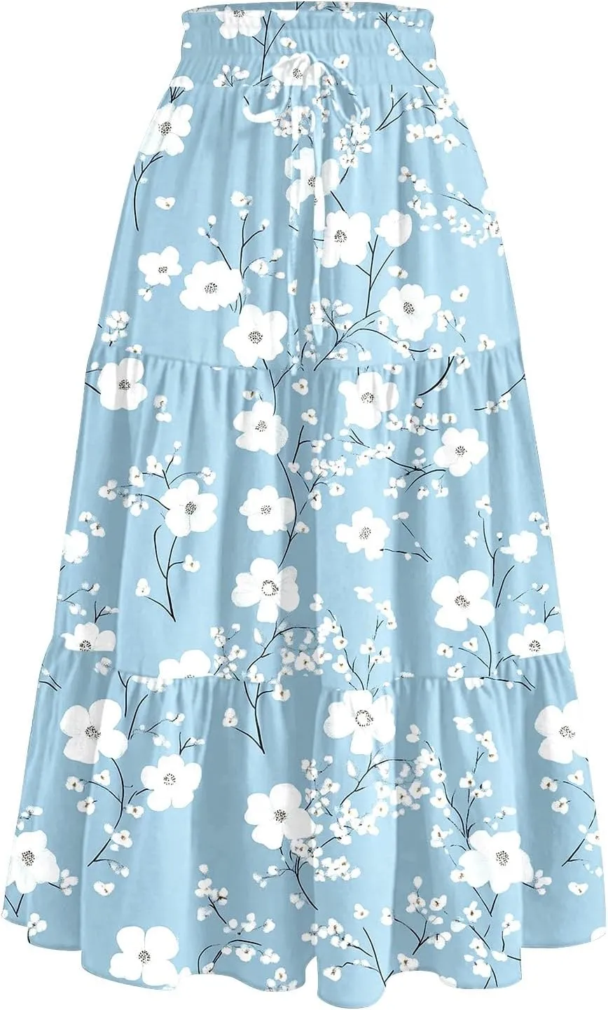 Summer Skirts Women's Flared Ruffle Hem A Line Elastic Waist Skirts Elegant Tiered Layer Boho Maxi Skirt