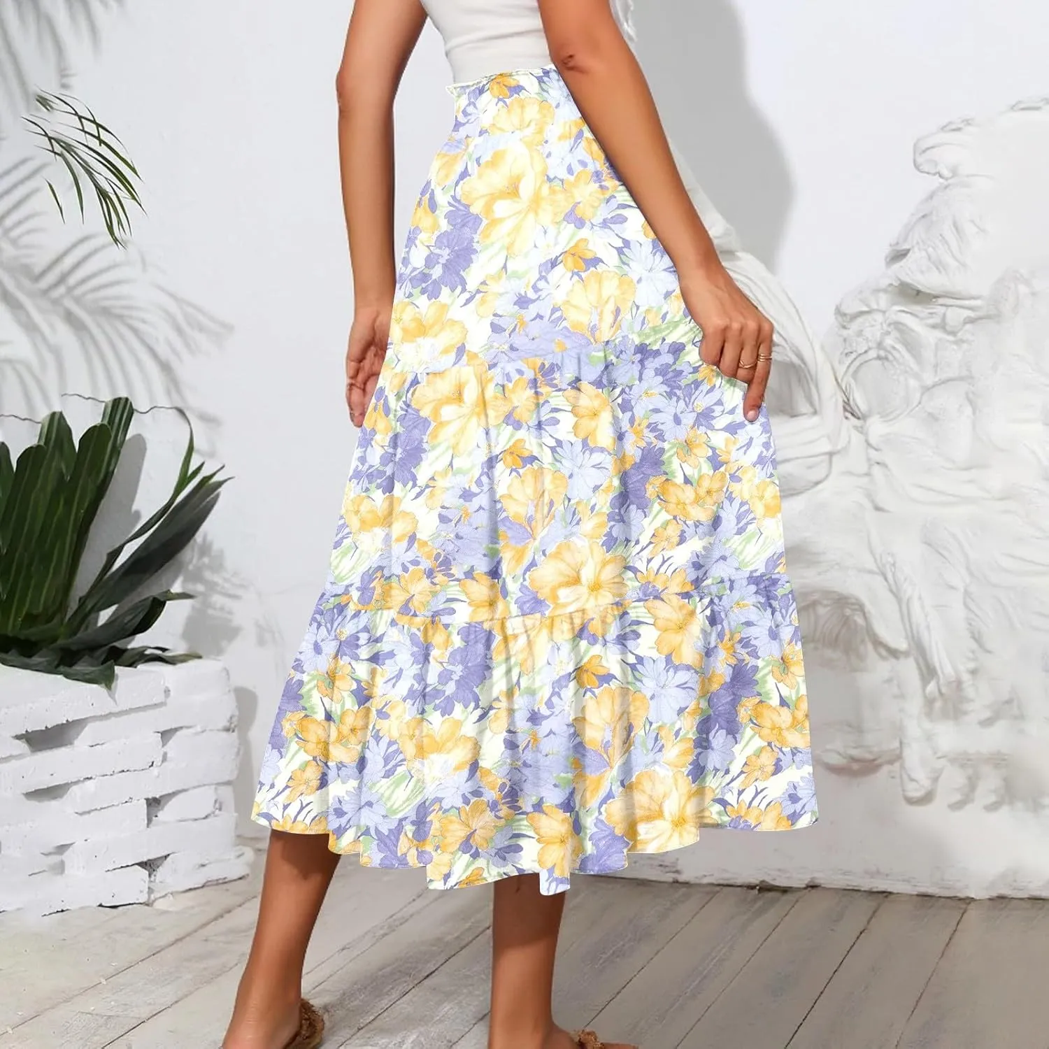 Summer Skirts Women's Flared Ruffle Hem A Line Elastic Waist Skirts Elegant Tiered Layer Boho Maxi Skirt