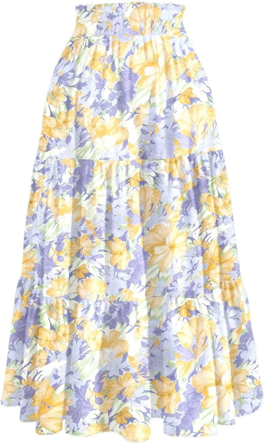 Summer Skirts Women's Flared Ruffle Hem A Line Elastic Waist Skirts Elegant Tiered Layer Boho Maxi Skirt