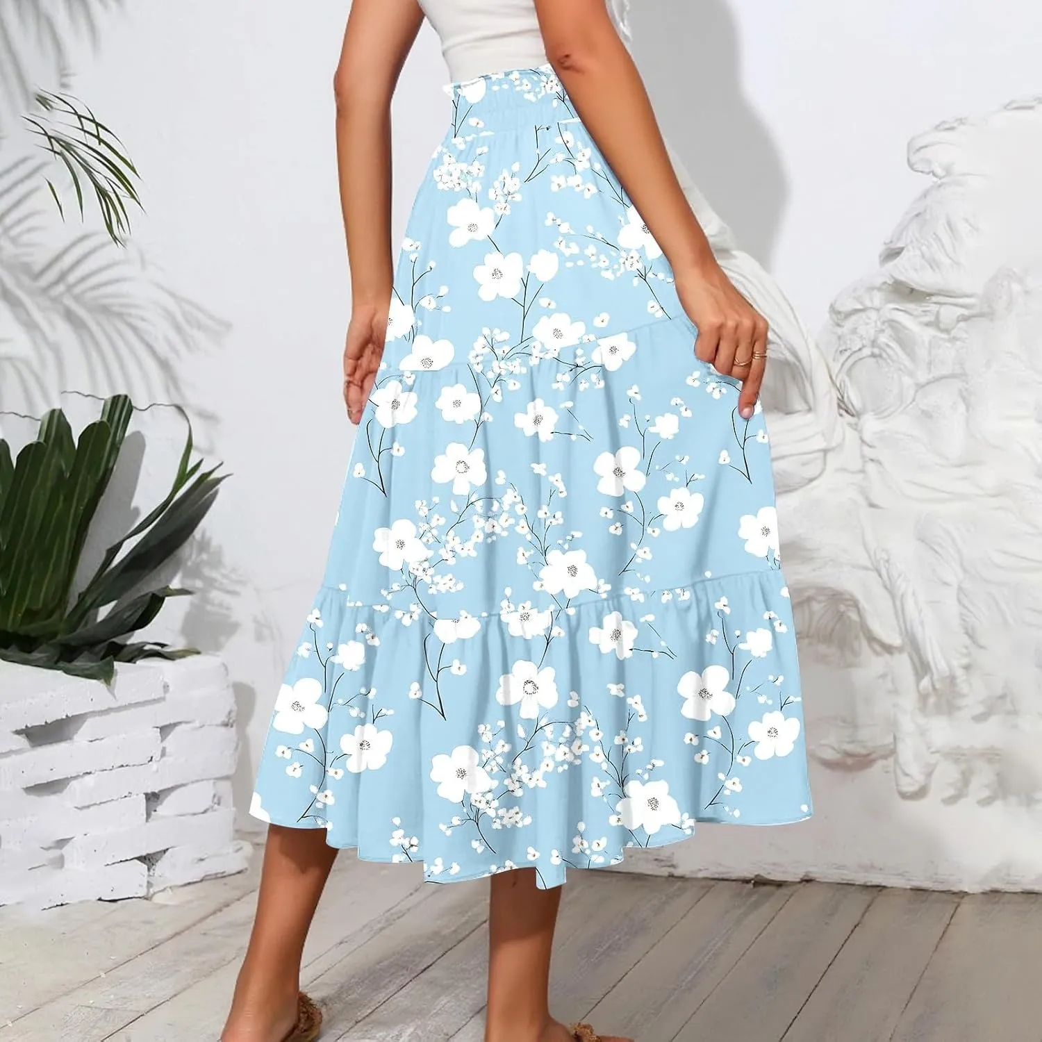 Summer Skirts Women's Flared Ruffle Hem A Line Elastic Waist Skirts Elegant Tiered Layer Boho Maxi Skirt
