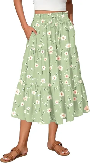Summer Skirts Women's Flared Ruffle Hem A Line Elastic Waist Skirts Elegant Tiered Layer Boho Maxi Skirt