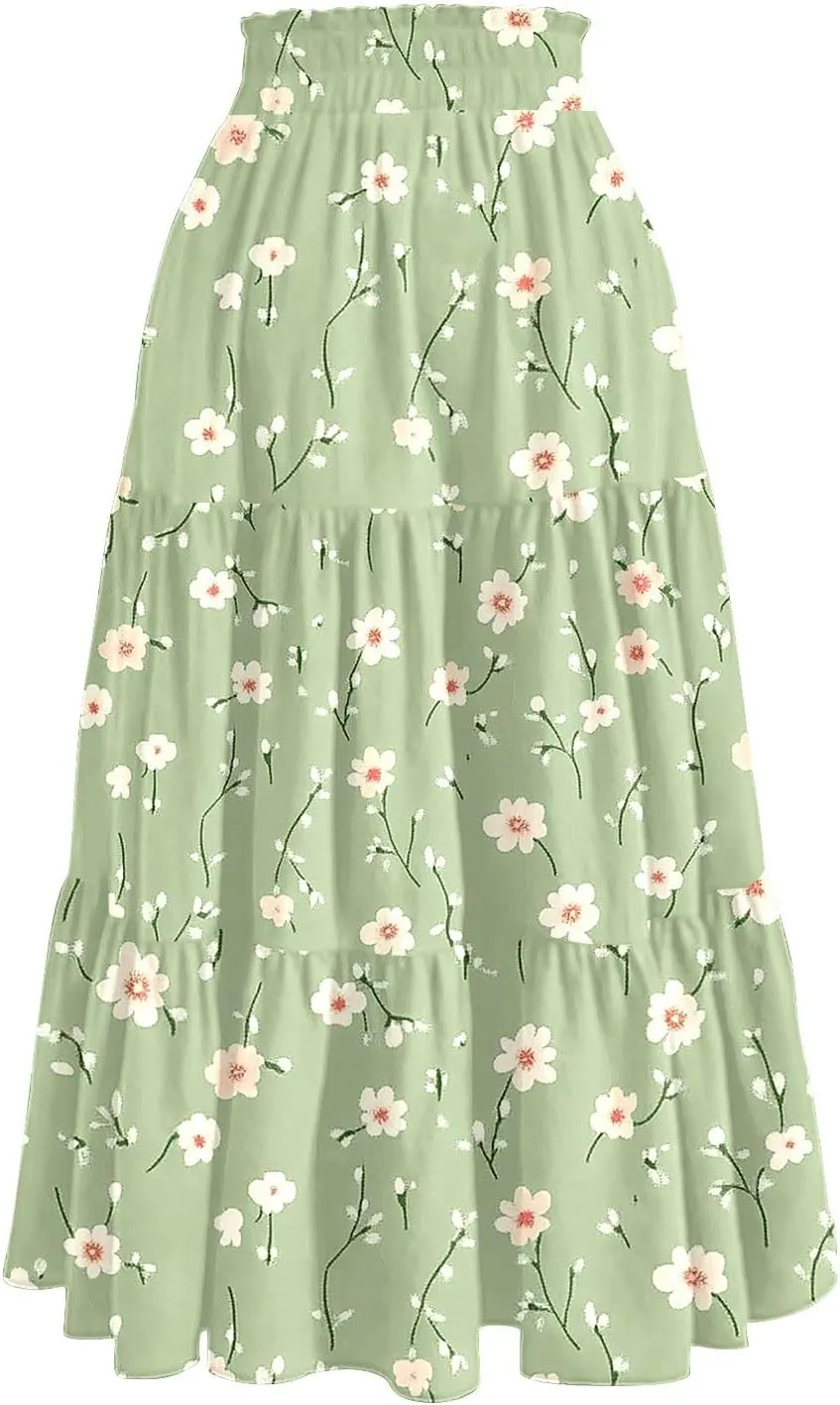 Summer Skirts Women's Flared Ruffle Hem A Line Elastic Waist Skirts Elegant Tiered Layer Boho Maxi Skirt