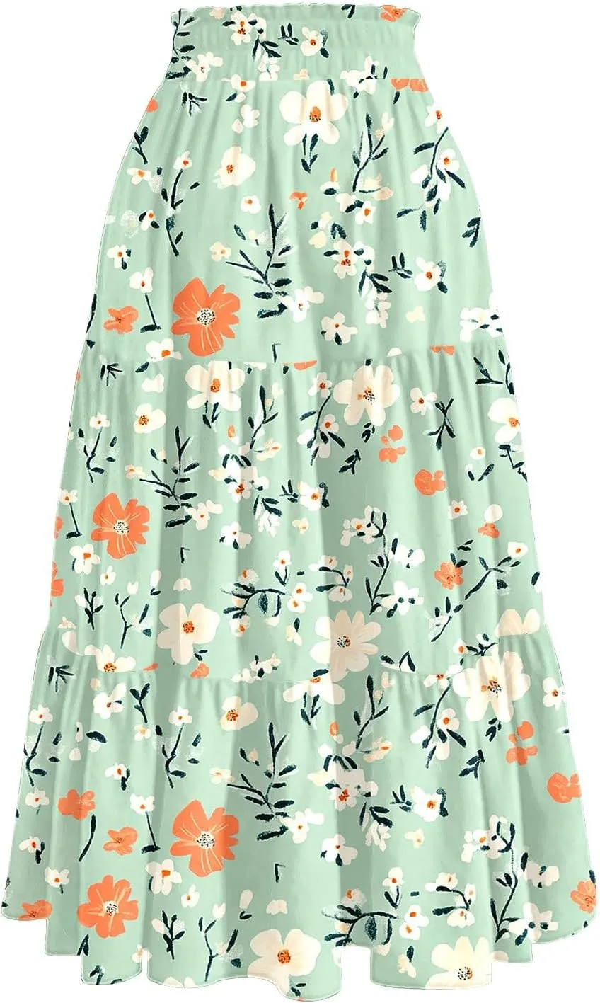 Summer Skirts Women's Flared Ruffle Hem A Line Elastic Waist Skirts Elegant Tiered Layer Boho Maxi Skirt