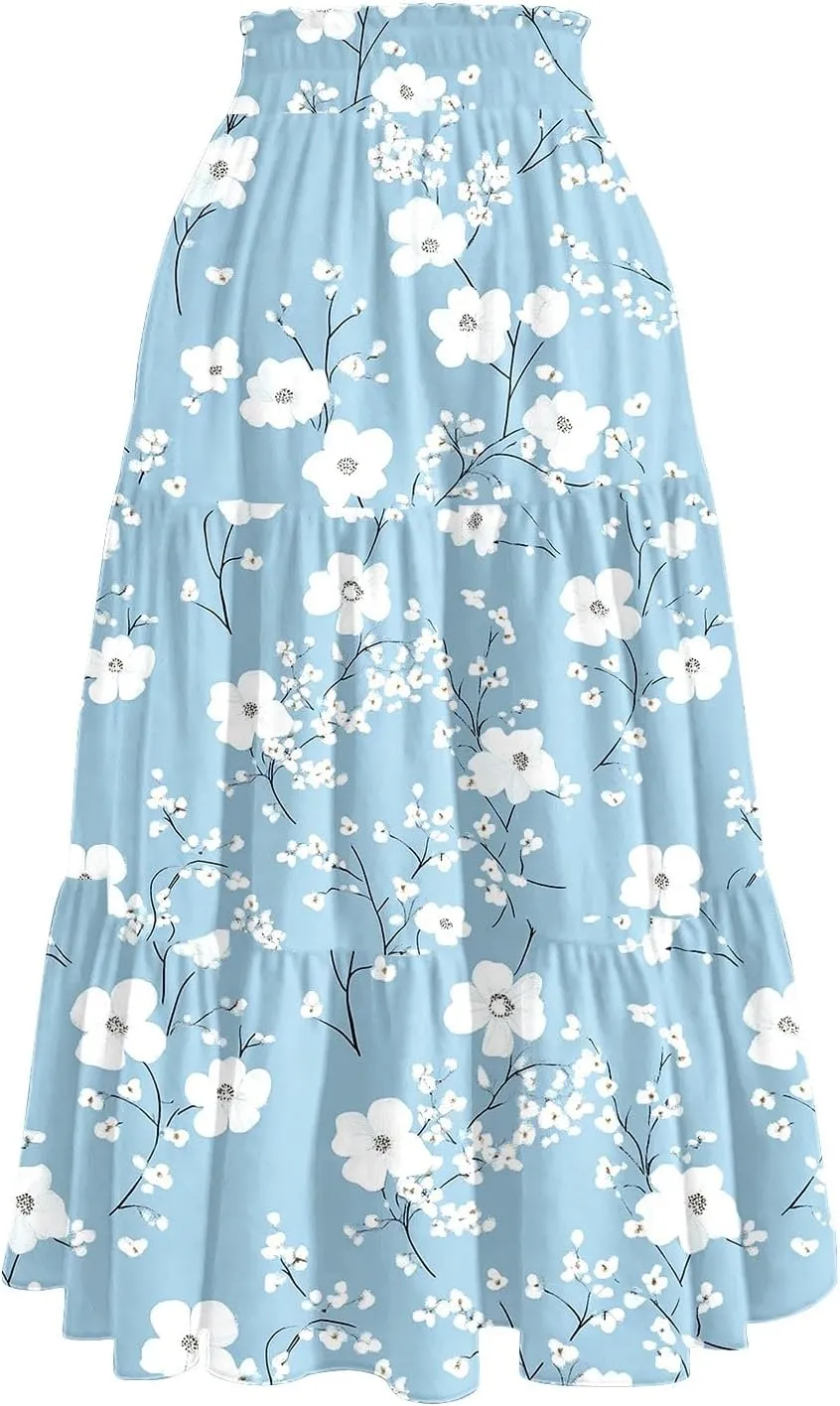 Summer Skirts Women's Flared Ruffle Hem A Line Elastic Waist Skirts Elegant Tiered Layer Boho Maxi Skirt