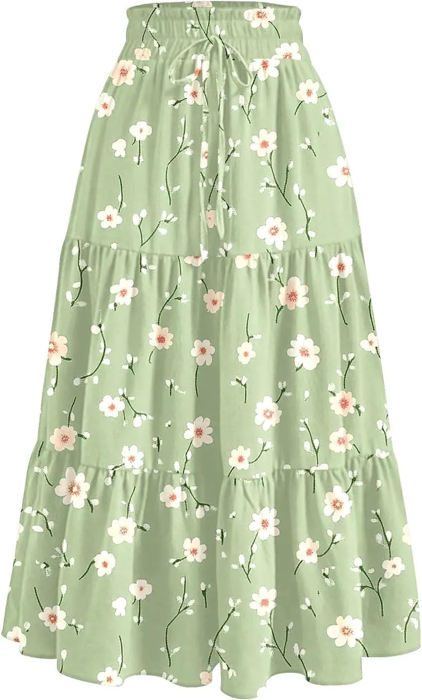 Summer Skirts Women's Flared Ruffle Hem A Line Elastic Waist Skirts Elegant Tiered Layer Boho Maxi Skirt