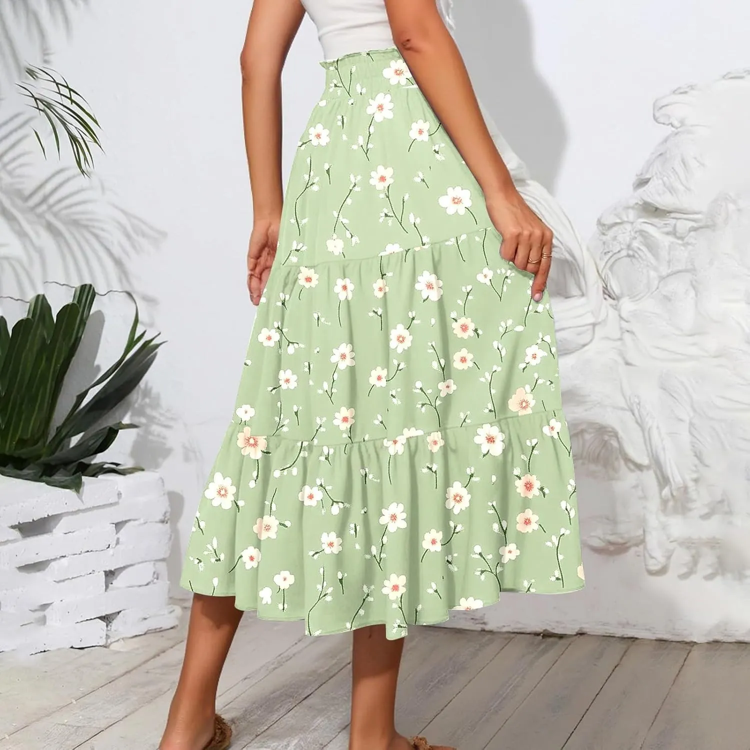 Summer Skirts Women's Flared Ruffle Hem A Line Elastic Waist Skirts Elegant Tiered Layer Boho Maxi Skirt