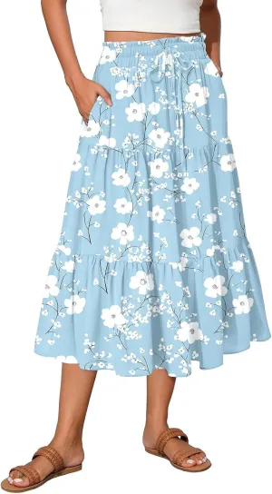 Summer Skirts Women's Flared Ruffle Hem A Line Elastic Waist Skirts Elegant Tiered Layer Boho Maxi Skirt