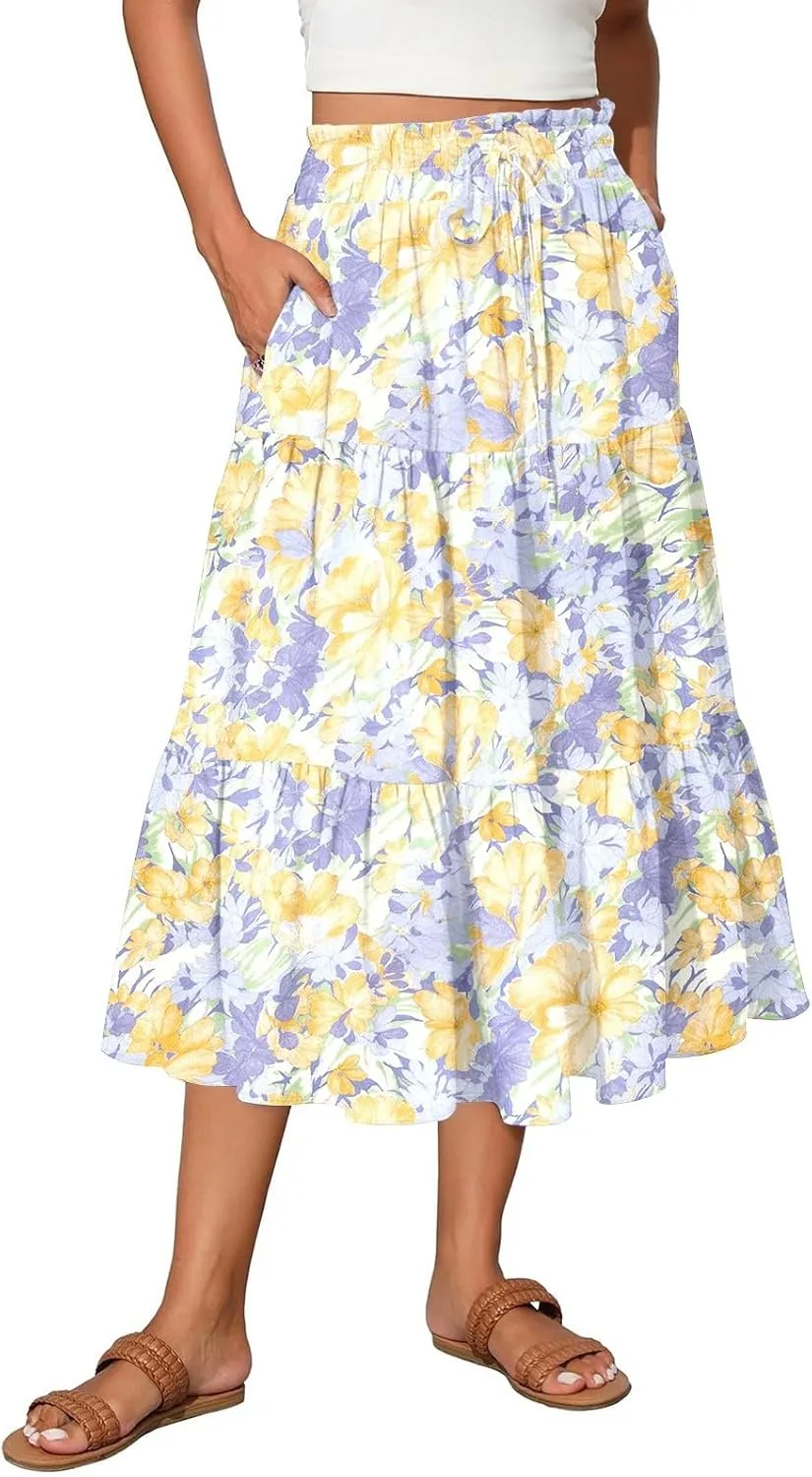 Summer Skirts Women's Flared Ruffle Hem A Line Elastic Waist Skirts Elegant Tiered Layer Boho Maxi Skirt