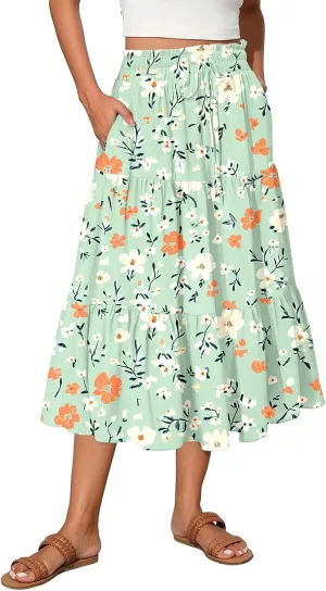 Summer Skirts Women's Flared Ruffle Hem A Line Elastic Waist Skirts Elegant Tiered Layer Boho Maxi Skirt