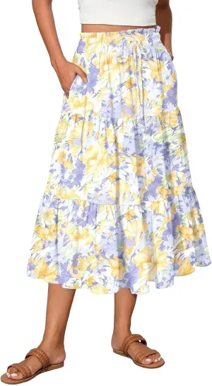 Summer Skirts Women's Flared Ruffle Hem A Line Elastic Waist Skirts Elegant Tiered Layer Boho Maxi Skirt