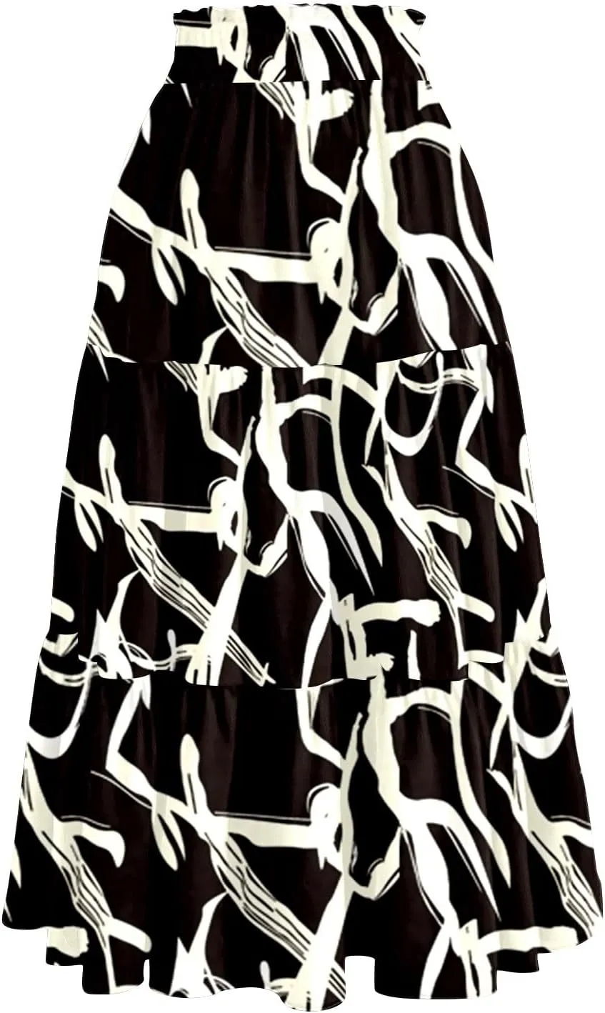 Summer Skirts Women's Flared Ruffle Hem A Line Elastic Waist Skirts Elegant Tiered Layer Boho Maxi Skirt