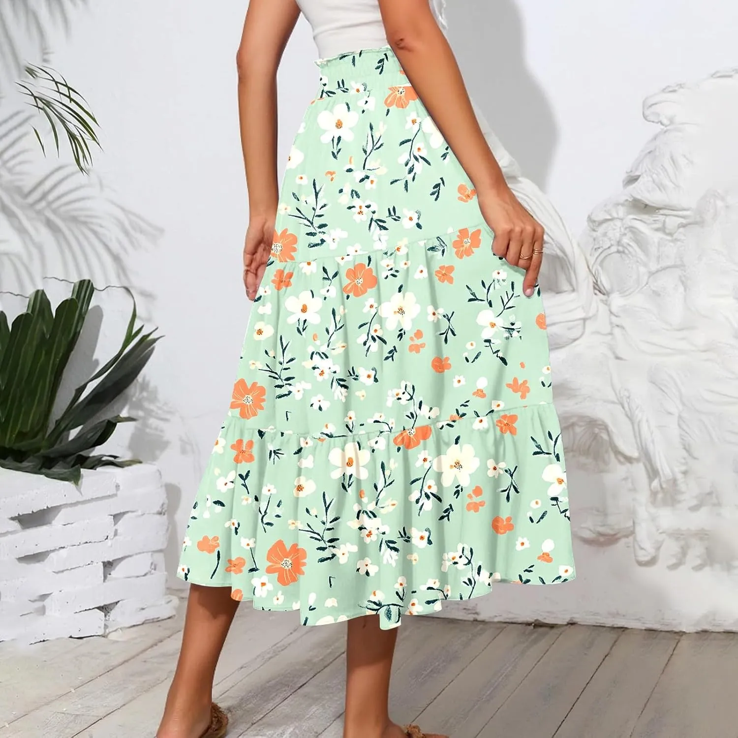 Summer Skirts Women's Flared Ruffle Hem A Line Elastic Waist Skirts Elegant Tiered Layer Boho Maxi Skirt