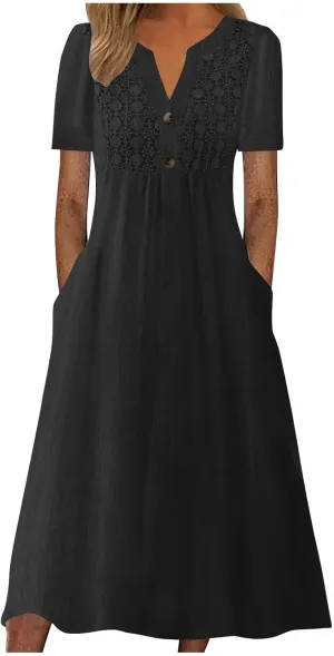 Summer T Shirt Dresses for Women 2024 Trendy V Neck Lace Embroidery Cotton Linen Short Sleeve Flowy Midi Dresses with Pockets