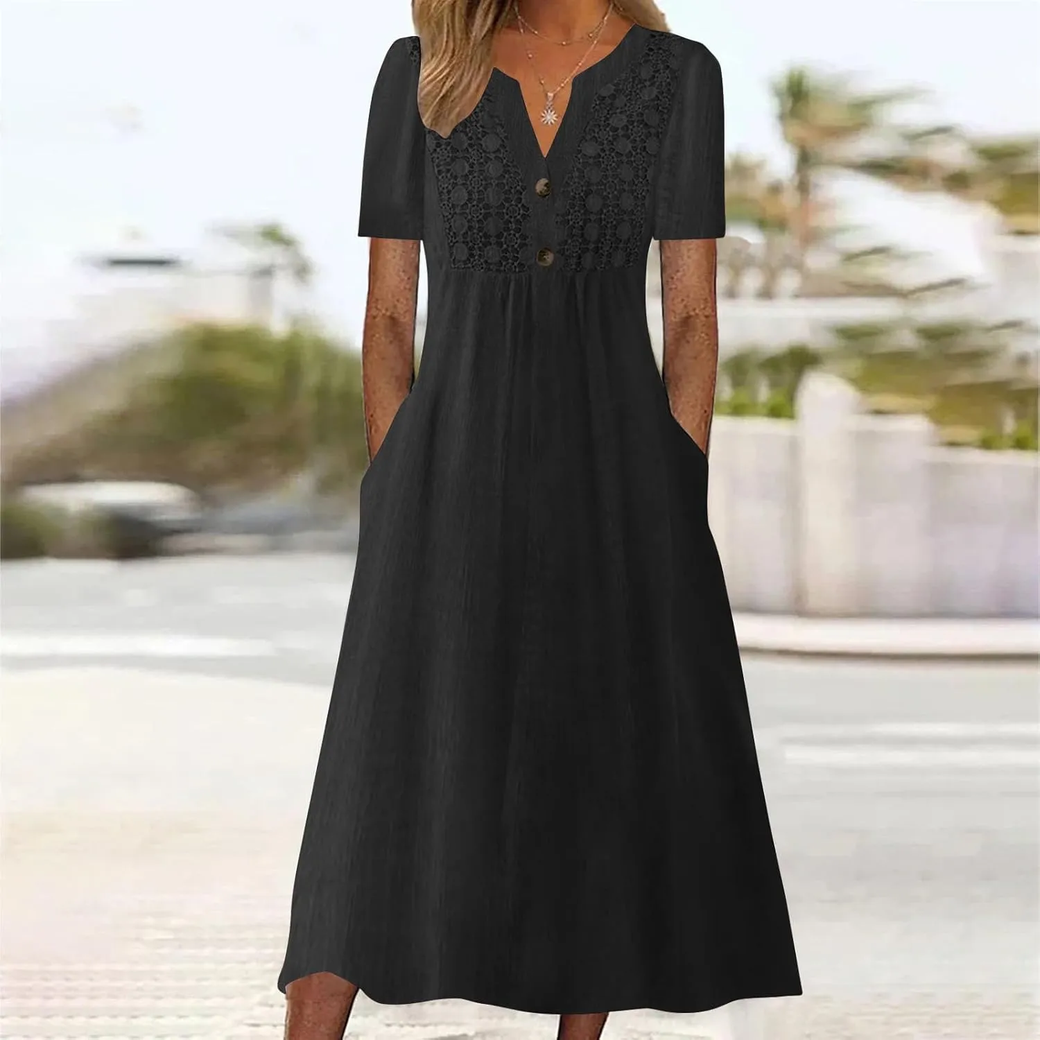 Summer T Shirt Dresses for Women 2024 Trendy V Neck Lace Embroidery Cotton Linen Short Sleeve Flowy Midi Dresses with Pockets