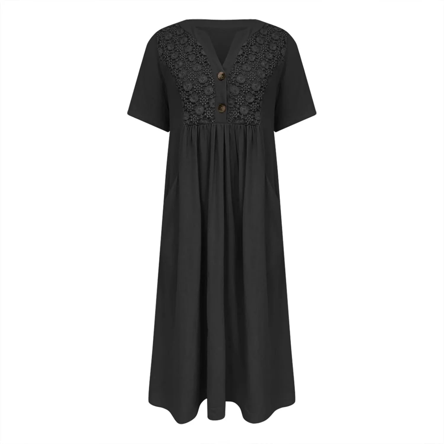 Summer T Shirt Dresses for Women 2024 Trendy V Neck Lace Embroidery Cotton Linen Short Sleeve Flowy Midi Dresses with Pockets