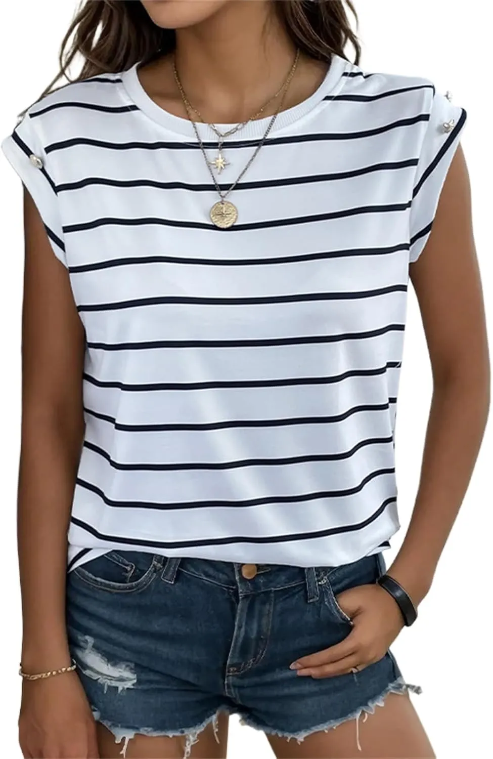 Summer Tops for Women Trendy Crewneck Cap Sleeve Tank Tops Comfortable Casual T Shirts Lightweight Loose Fit Tees Shirts