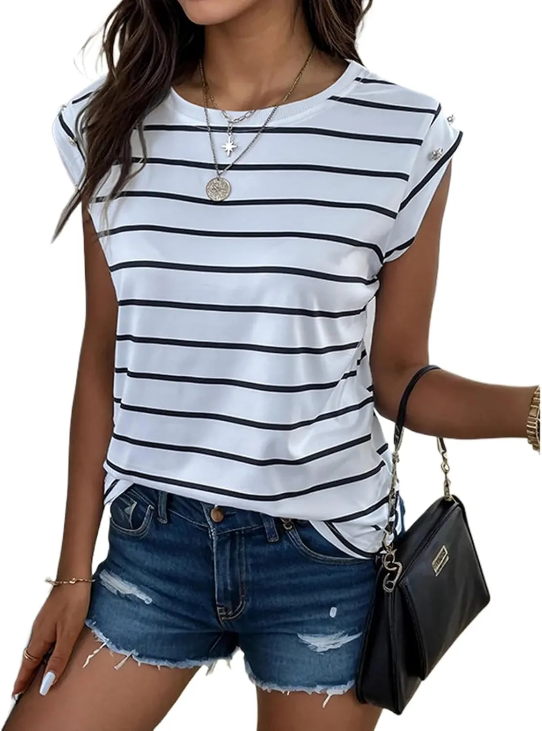 Summer Tops for Women Trendy Crewneck Cap Sleeve Tank Tops Comfortable Casual T Shirts Lightweight Loose Fit Tees Shirts