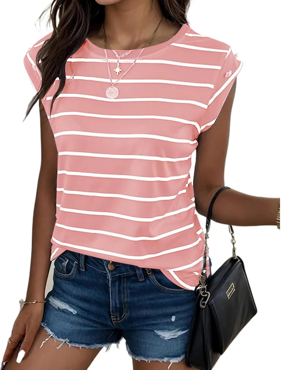 Summer Tops for Women Trendy Crewneck Cap Sleeve Tank Tops Comfortable Casual T Shirts Lightweight Loose Fit Tees Shirts