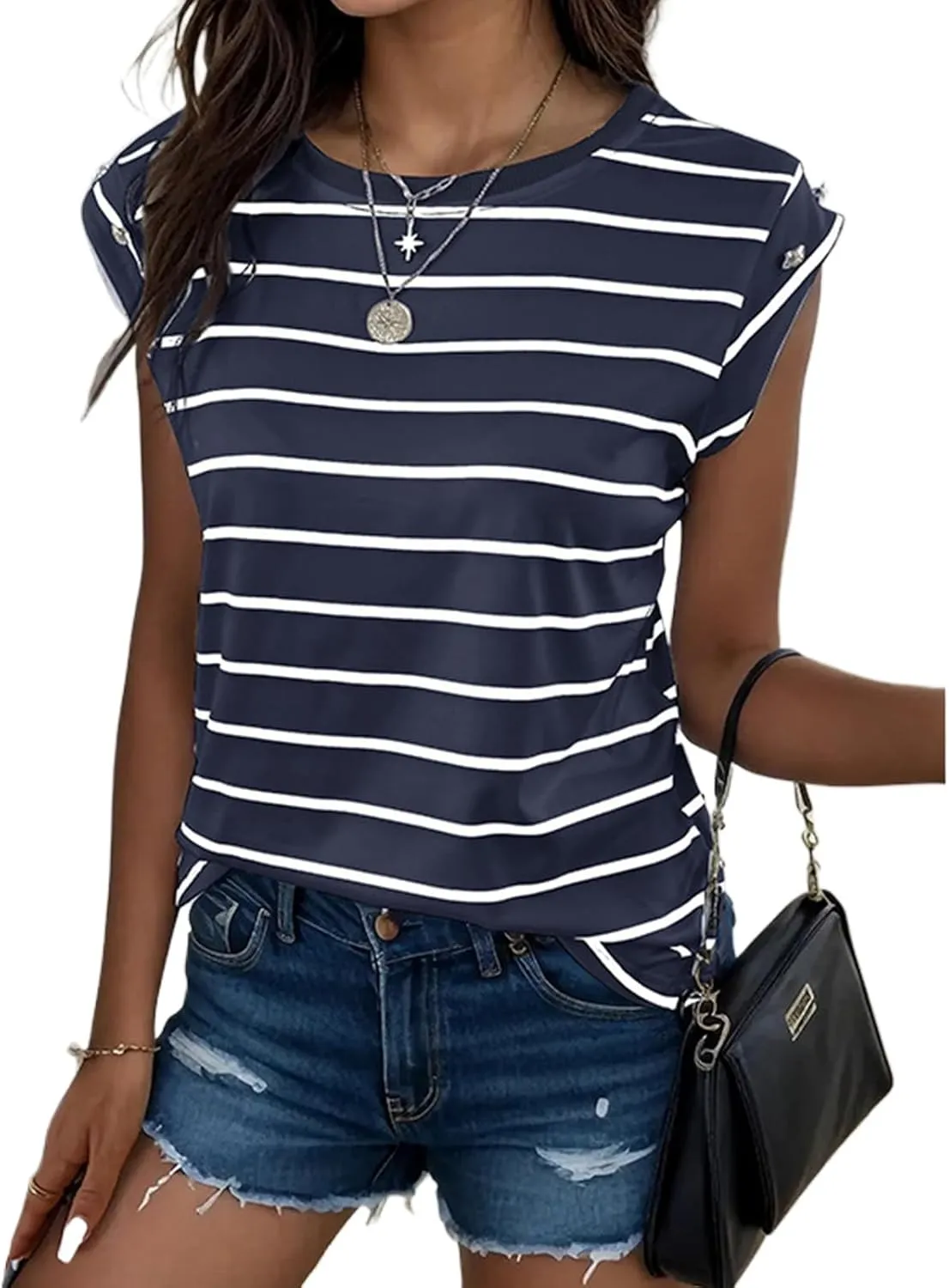 Summer Tops for Women Trendy Crewneck Cap Sleeve Tank Tops Comfortable Casual T Shirts Lightweight Loose Fit Tees Shirts