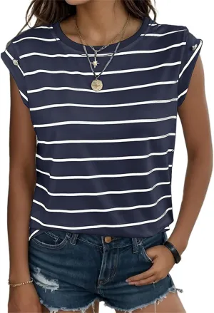 Summer Tops for Women Trendy Crewneck Cap Sleeve Tank Tops Comfortable Casual T Shirts Lightweight Loose Fit Tees Shirts