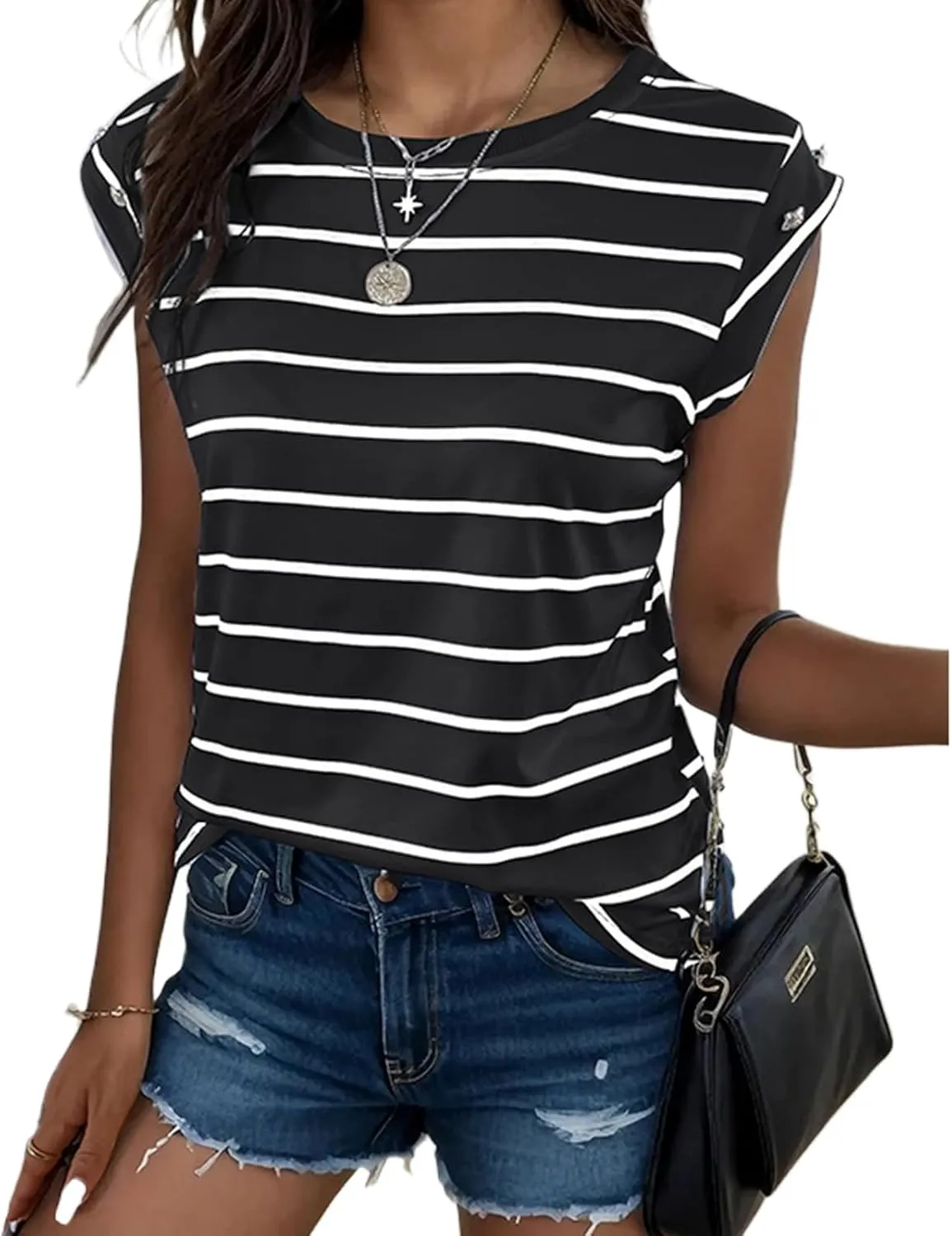 Summer Tops for Women Trendy Crewneck Cap Sleeve Tank Tops Comfortable Casual T Shirts Lightweight Loose Fit Tees Shirts
