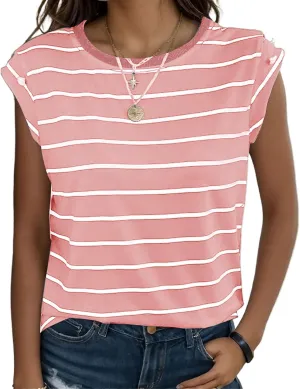 Summer Tops for Women Trendy Crewneck Cap Sleeve Tank Tops Comfortable Casual T Shirts Lightweight Loose Fit Tees Shirts