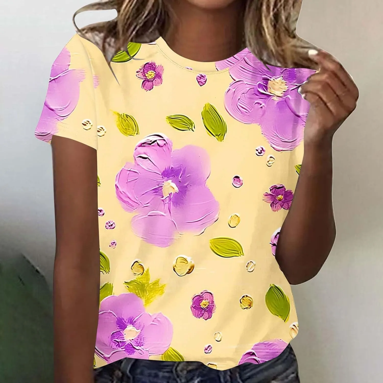 Summer Tops for Womens Short Sleeve Plus Size Shirts Graphic Print Crewneck T-Shirt Casual Loose Fit Tees Outfits
