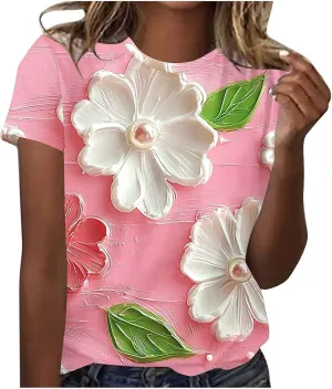 Summer Tops for Womens Short Sleeve Plus Size Shirts Graphic Print Crewneck T-Shirt Casual Loose Fit Tees Outfits