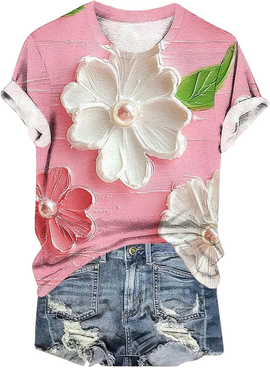 Summer Tops for Womens Short Sleeve Plus Size Shirts Graphic Print Crewneck T-Shirt Casual Loose Fit Tees Outfits