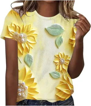 Summer Tops for Womens Short Sleeve Plus Size Shirts Graphic Print Crewneck T-Shirt Casual Loose Fit Tees Outfits