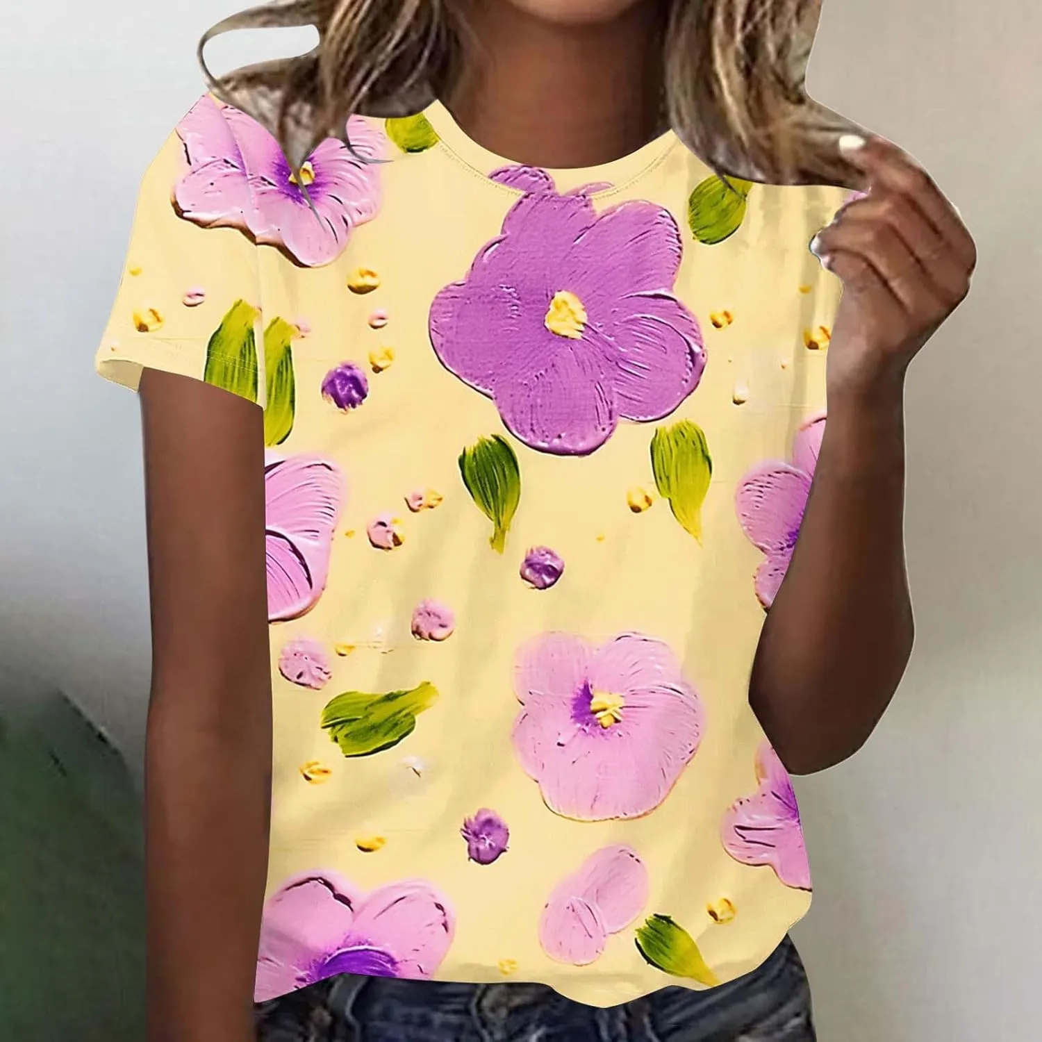 Summer Tops for Womens Short Sleeve Plus Size Shirts Graphic Print Crewneck T-Shirt Casual Loose Fit Tees Outfits