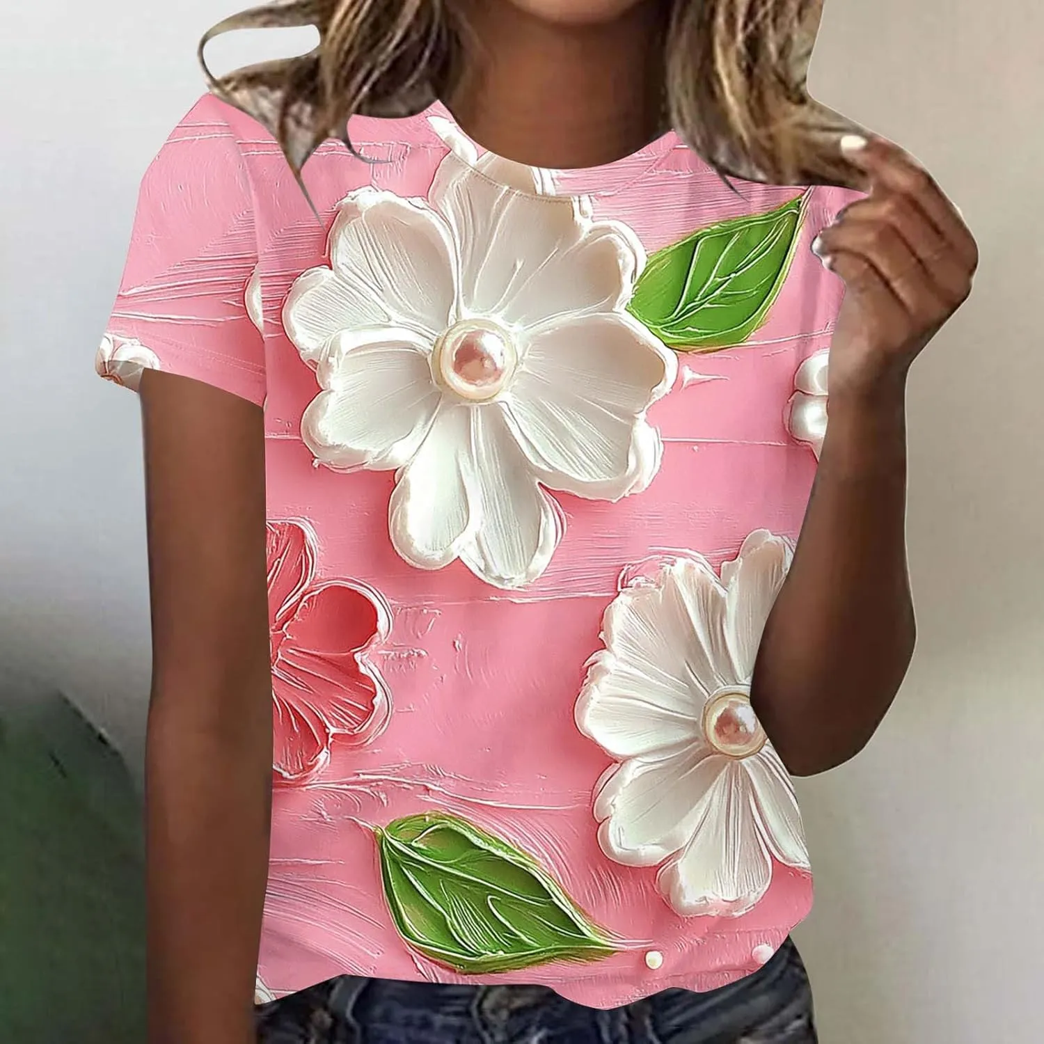 Summer Tops for Womens Short Sleeve Plus Size Shirts Graphic Print Crewneck T-Shirt Casual Loose Fit Tees Outfits