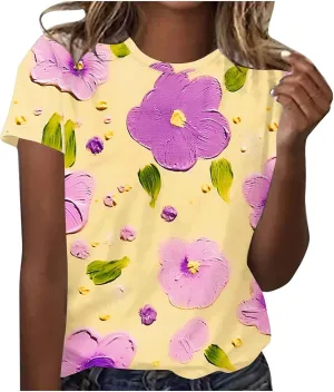 Summer Tops for Womens Short Sleeve Plus Size Shirts Graphic Print Crewneck T-Shirt Casual Loose Fit Tees Outfits
