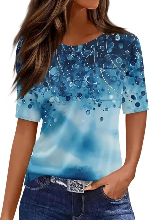 Summer Womens Crewneck Short Sleeve Shirts Spring Gradient Stripe Prints Casual Blouse Shirt Dressy Tops