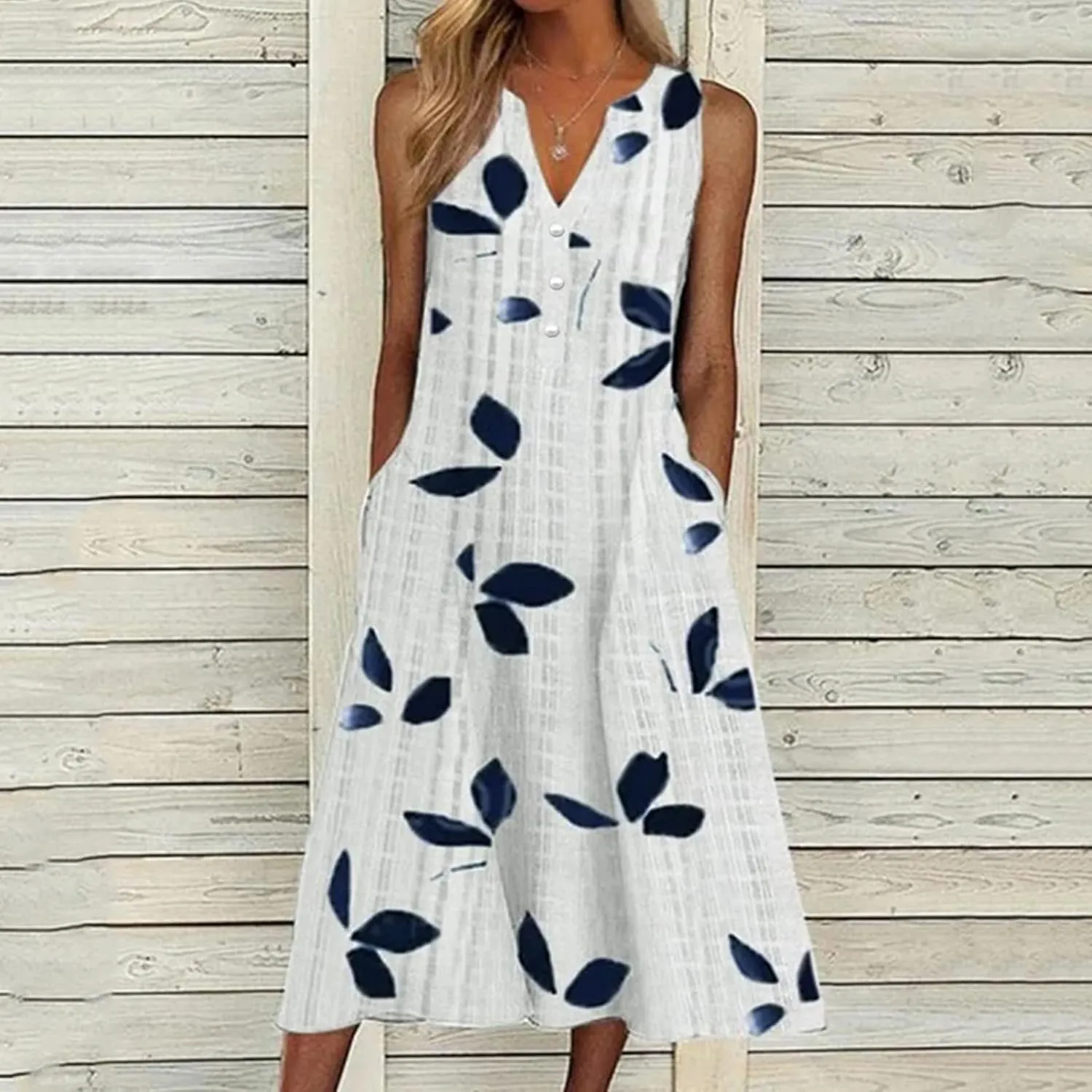 Sundress for Women Sleeveless Tank Dresses Plus Size Dress Casual Button V Neck Boho Floral Beach Vacation Dress