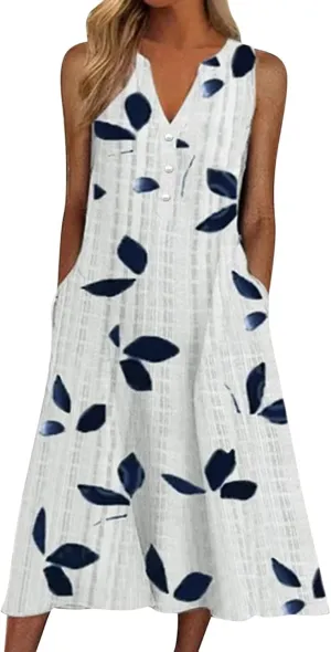 Sundress for Women Sleeveless Tank Dresses Plus Size Dress Casual Button V Neck Boho Floral Beach Vacation Dress