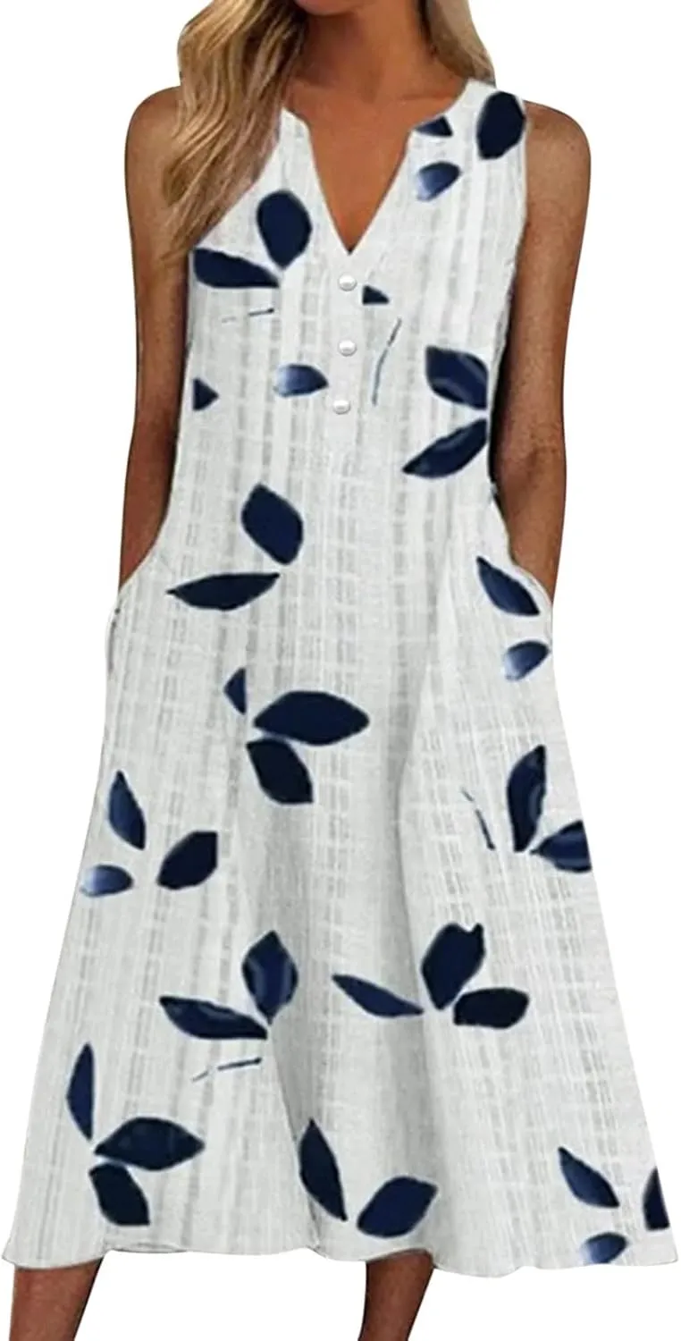 Sundress for Women Sleeveless Tank Dresses Plus Size Dress Casual Button V Neck Boho Floral Beach Vacation Dress