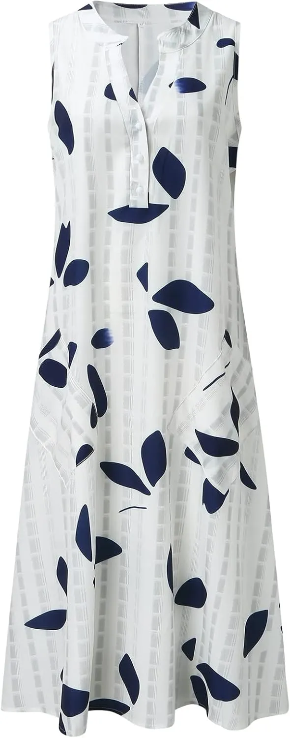Sundress for Women Sleeveless Tank Dresses Plus Size Dress Casual Button V Neck Boho Floral Beach Vacation Dress