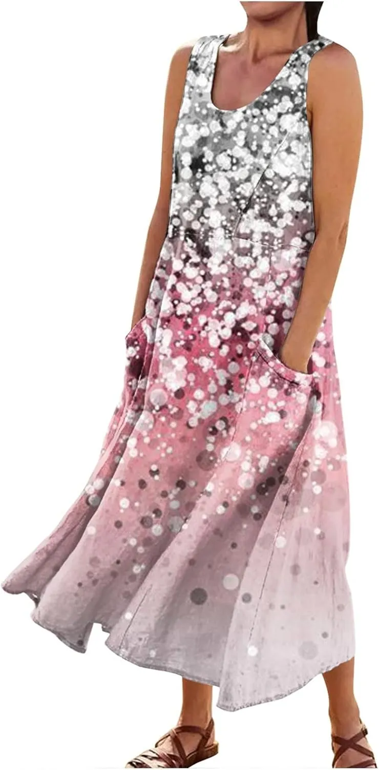 Sundresses for Women Floral Printed Sleeveless Sundresses Pockets a Line Beach Dress Casual Loose Tank Dresses