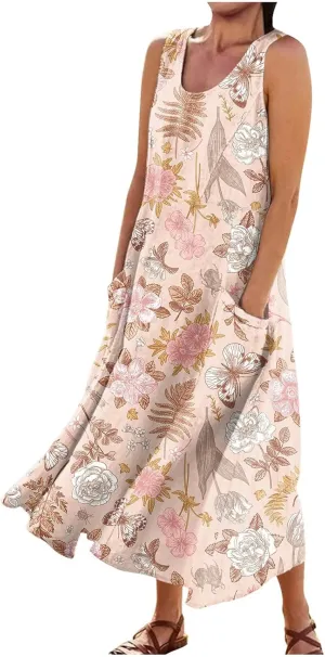 Sundresses for Women Floral Printed Sleeveless Sundresses Pockets a Line Beach Dress Casual Loose Tank Dresses