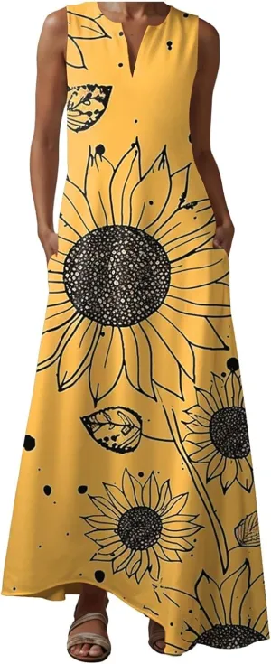 Sundresses for Women Sleeveless Tank Dresses 2025 Vacation Plus Size Casual V Neck Boho Floral Beach Dress