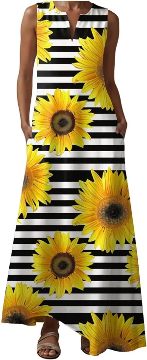 Sundresses for Women Sleeveless Tank Dresses 2025 Vacation Plus Size Casual V Neck Boho Floral Beach Dress