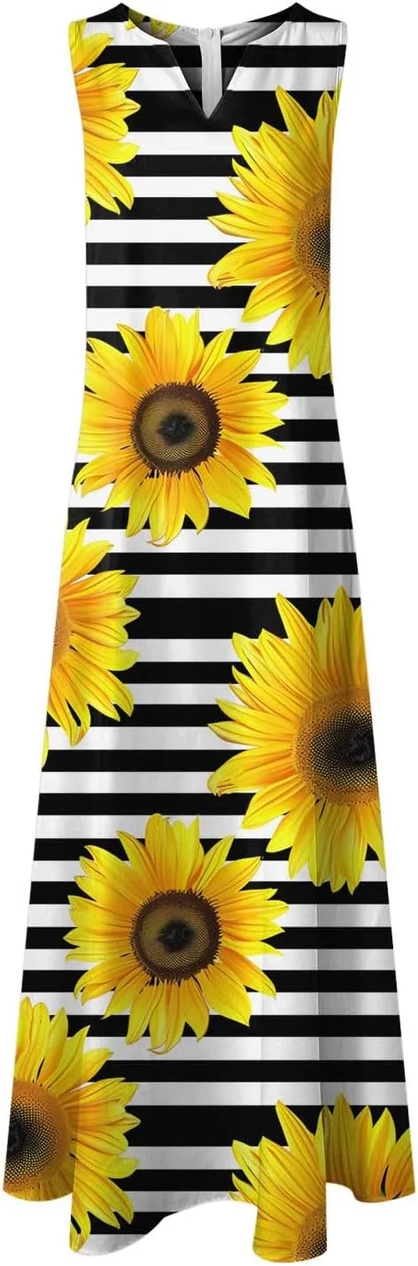 Sundresses for Women Sleeveless Tank Dresses 2025 Vacation Plus Size Casual V Neck Boho Floral Beach Dress