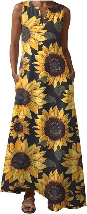 Sundresses for Women Sleeveless Tank Dresses 2025 Vacation Plus Size Casual V Neck Boho Floral Beach Dress