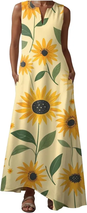 Sundresses for Women Sleeveless Tank Dresses 2025 Vacation Plus Size Casual V Neck Boho Floral Beach Dress