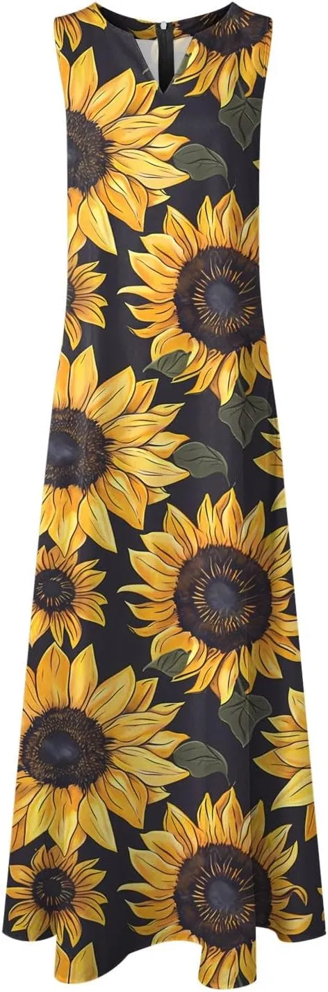 Sundresses for Women Sleeveless Tank Dresses 2025 Vacation Plus Size Casual V Neck Boho Floral Beach Dress